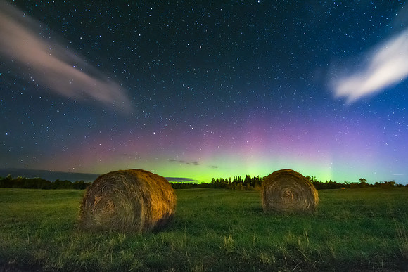 Northern Lights and Hay Bales